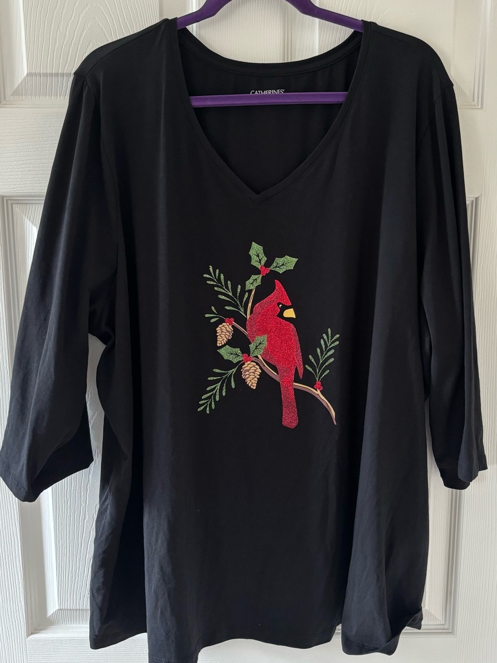 Catherines Black Three Quarter-Sleeve V-Neck Top with Red Cardinal Design